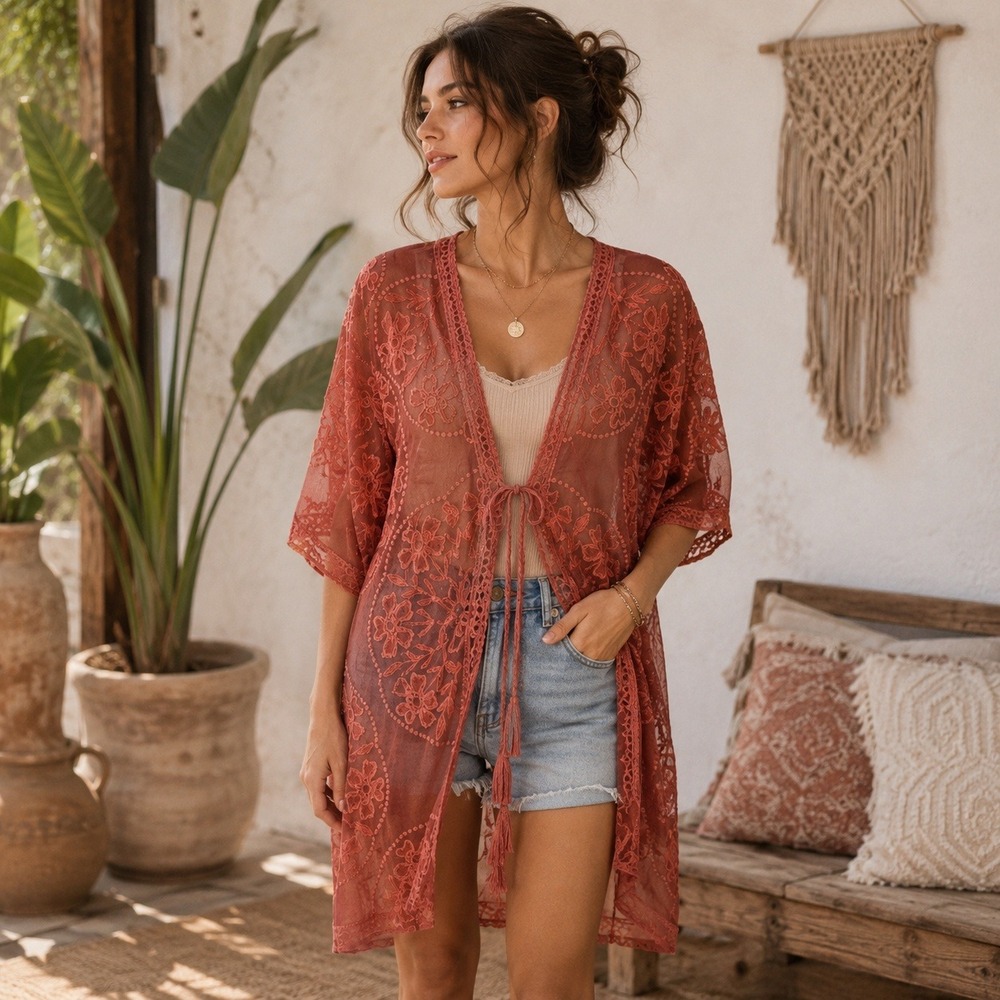 Umgee Kimono Women M Rust Floral Lace Embroidered Mesh Boho Sheer Layering